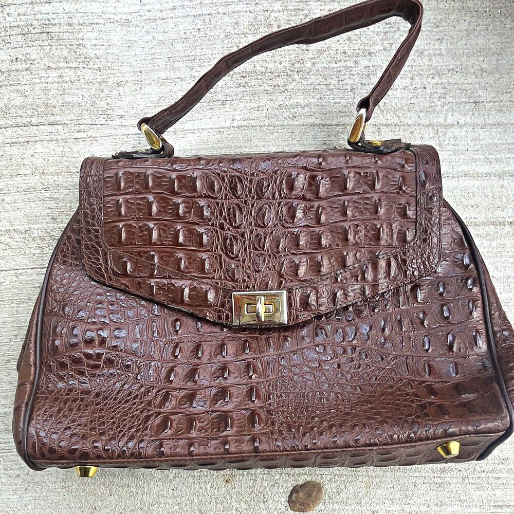 Brown Croc Embossed Women's Handbag Top Handle Purse with Turn Lock